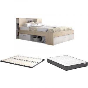 Lit avec tête de lit rangements et tiroirs - 160 x 200 cm - Coloris : Naturel et blanc + Sommier - LEANDRE