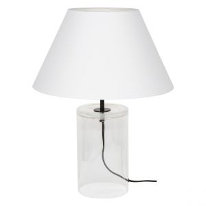 Dove Lampe de Table Verre Transparent Câble en Tissu Noir Abat-jour en Tissu Blanc
