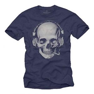 Tee Shirt Homme - MAKAYA - Tete de Mort Rock Skull - Bleu - Manches Courtes - 100% Coton