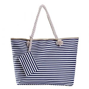 Grand Sac de Plage avec Fermeture à glissière Sac Shopping à bandoulière Rayures Bleu Marine et Blanches