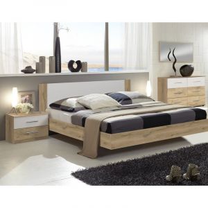 Pegane Lit adulte double + 2 chevets coloris imitation chêne poutre/blanc - Longueur 189 x Profondeur 210 x Hauteur 80 cm -