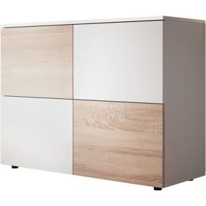 Buffet de salon bas 4 portes 90x68x34cm Meuble de rangement Modèle zoel Couleur Blanc et Sonoma Finition mat - Blanc