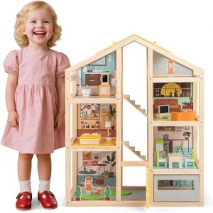 COSTWAY Maison de Poup&eacute;e en Bois -21 Accessoires de Meubles - 6 &Eacute;tages, Peinture Ecologique pour Enfants 3Ans+