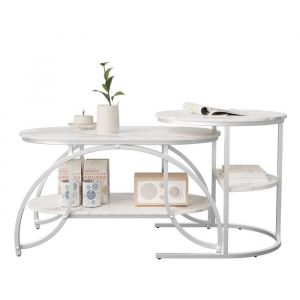 Table Basse - Gigogne Double &Eacute;tage - Marbre Blanc - Pieds M&eacute;tal Blanc - 80x46cm ou &Oslash;52cm