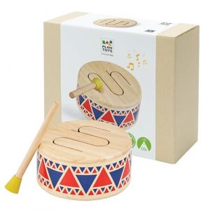 Plan Toys Tambour pour Enfants - Jouet Musical en Bois d&egrave;s 1 An - Batterie Enfant avec Maillet &agrave; T&ecirc;te en Caoutchouc - Instrument Musical pour Petits, Wood
