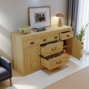 Buffet - Naturel - Bois massif - 135 cm - 5 tiroirs 2 portes