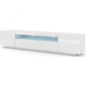 Image de Meuble TV bas universel Aura 200 cm à suspendre ou à poser blanc mat / blanc brillant avec LED