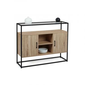Idmarket Buffet 2 portes SOLANO plateau en verre et pied métal design industriel 100 cm - Bois-clair