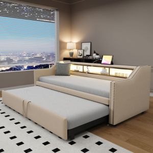 Modernluxe - Lit banquette gigogne 90/180x190cm en lin - avec led & usb - avec sommier à lattes - Beige