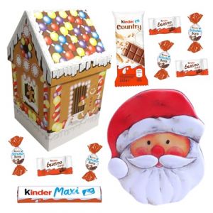 2 boites - Maisonnette/Père Noël - garnies d'un assortiment de chocolats KINDER Schokobons, Mini Bueno, Country et Maxi