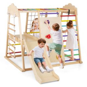 8 en 1 Aire de Jeux d'escalade en Bois avec Toboggan Amovible & Balançoire, Triangle d'escalade Montessori avec Filet, Charge 140kg pour 3 Ans+,Coloré
