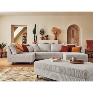 Canapé d'angle gauche convertible 7 places en velours côtelé gris