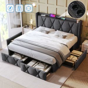Lit double renbourré en lin - avec 4 tiroirs et fonction de charge - Gris (matelas non inclus) - 140x200 cm