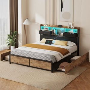 Fortuna Lai - Lit double 140x200cm - cadre en métal avec 4 tiroirs, sommier à lattes et tête de lit led rangement avec port charge - Noir