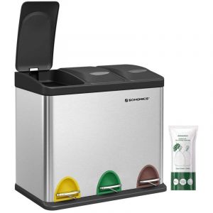 Poubelle de cuisine r&eacute;sistante avec p&eacute;dales et 3 compartiments 46,5 x 29,5 x 40,5 cm tri s&eacute;lectif de recyclage en inox gris