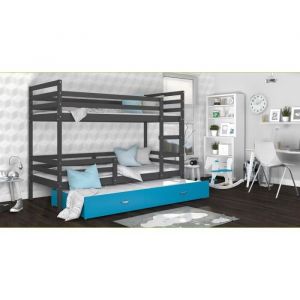 Kids Literie LIT superposé 3 Places Milo 90×190 Gris - Bleu livré avec sommier, tiroir et matelas de 7cm OFFERT.