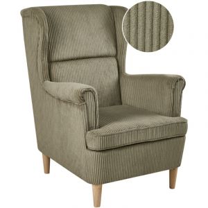 Beliani Fauteuil &agrave; Dossier Classique en Velours C&ocirc;tel&eacute; Rembourr&eacute; Pieds en Bois Vert Abson