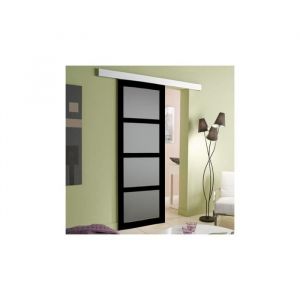 Porte Coulissante Modele Telia Vitrée Noir H204 x l.83 Avec Rail Aluminium bandeau blanc GD MENUISERIES