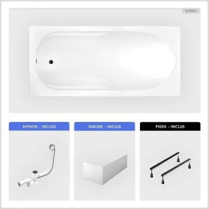 Baignoire rectangulaire - 150 x 70 cm - avec Tablier Blanc - Pieds - Vidage Chrome - BONA