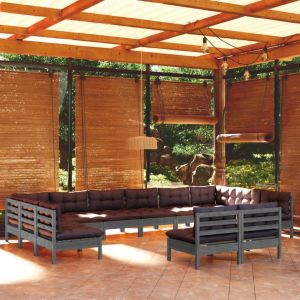 Image de VidaXL Salon de jardin 12 pcs avec coussins Gris Bois de pin m if