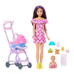 Mattel Skipper Baby-Sitter Coffret avec poup&eacute;e Brune, poup&eacute;e b&eacute;b&eacute; Blonde, Poussette avec si&egrave;ge Auto Amovible et 7 Accessoires, JJB42