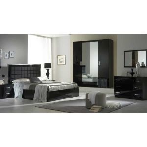 Chambre Complète 180x200 Laqué Noir Brillant - arezzo - Lit : l 182 x l 205 x h 124 cm Chevets : l 60 x l 43 x h 58 cm Commode : l 118 x l 46 x h 82