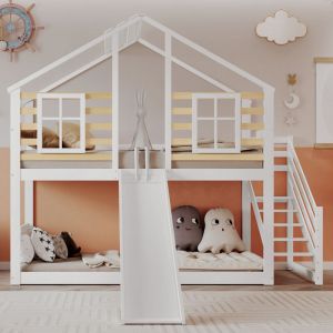 Lit cabane Lit Superposé en Bois 90 x 200 cm, Escalier, Toboggan et Fenêtre, Protection Antichute, Blanc