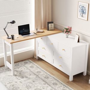 Bureau d'angle 120x40x70cm - avec 7 tiroirs - Design 2 en 1 - Plateau rotatif à 360°- Blanc + naturel