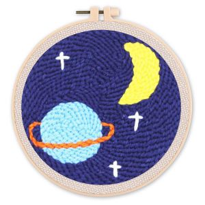 Punch Needle : Lune Etoilée et Saturne - avec cadre