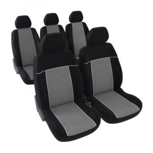 Image de Jeu complet de housses de sièges - Universelles - Voiture/Auto - Arrière 3 sièges séparés - Tissu noir / gris avec surpiqure blanche