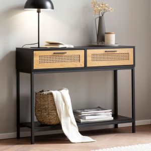 M&S Console 2 tiroirs noir et naturel avec inserts effet rotin - rotzy