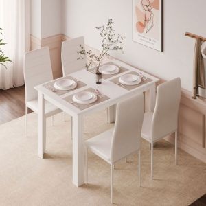 Ensemble table à manger avec 4 chaises,table salle à manger et chaises pour cuisine,salon,120Lx90Px75H cm,Blanc, Mondeer