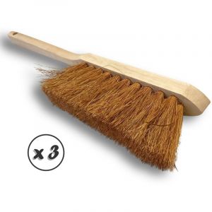 Image de Kibros Balayette brosse en fibres de coco naturel - Lot de 3 - Manche long en bois - Longueur 45 cm - Produit écologique - Poussière sable