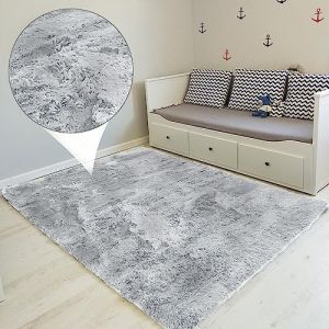 Image de Tapis salon shaggy 120 x 160 cm - descente de lit chambre grande taille tapis poils longs Gris &ndash; blanc