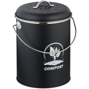 Relaxdays Seau &agrave; Compost, 5,5 litres, Couvercle, 2 filtres &agrave; Charbon Actif Contre Les odeurs, pour la Cuisine, Noir