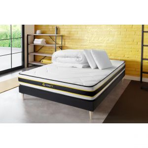 Pack prêt à dormir 140x200 matelas FLEXY + sommier kit noir + 2 oreillers mémoire de forme 60x40cm + Couette Percale 240x220 cm