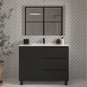Meuble de salle de bain 90cm simple vasque - 3 tiroirs - noir - MATA
