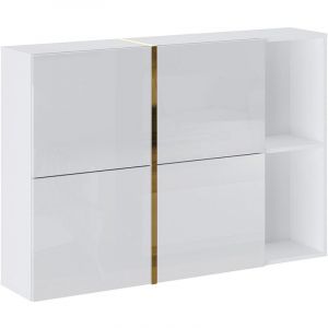 Meuble &agrave; chaussures avec 4 compartiments abattants et 2 niches - Blanc et dor&eacute; - MARZIALO