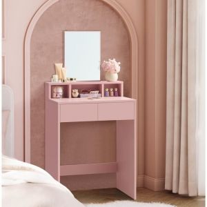 Coiffeuse avec grand miroir avec 2 tiroirs et 3 compartiments rose