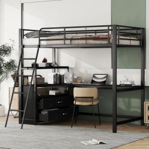 Fortuna Lai - Lit mezzanine 90x200cm - lit enfant avec tiroirs pratiques, bureau en l - design stratifié - en métal noir