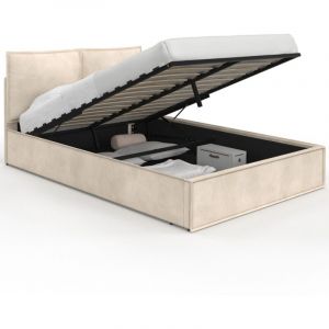 Idmarket Lit coffre double pilou avec tête de lit oreiller et sommier 140 x 190 cm velours beige