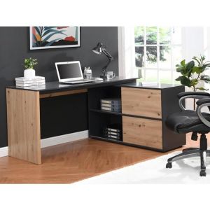 Bureau d'angle avec 2 porte coulissantes - MDF - Coloris : Naturel et noir - COLIOBA
