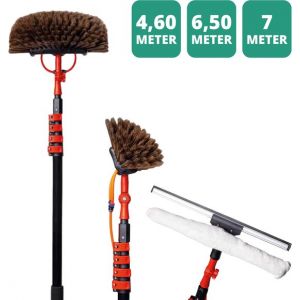 Brosse à laver télescopique Shine Deluxe 6,5 mètres - Manche télescopique avec brosse, essuie-vitre, tuyau d'eau et distributeur de savon - Brosse à eau - Noir