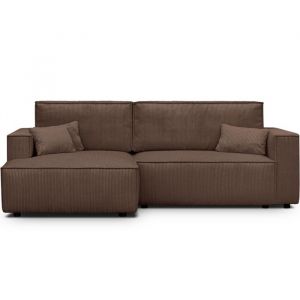 Canap&eacute; d'angle gauche convertible 3 places - velours c&ocirc;tel&eacute; marron