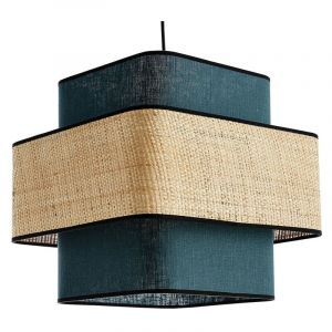 Miliboo Suspension cube en lin bleu canard et rabane naturelle L35 cm tera - Bleu canard