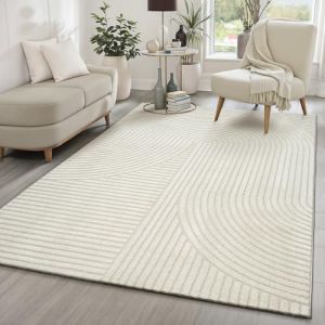 Tapis de Salon ou chambre en creme 160x230 - avec effet 3D - Tapis poil ras moderne et doux - design scandinave - Everest