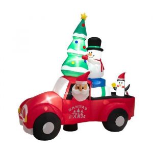 COSTWAY 240 CM Père Noël Gonflable avec Voiture, Bonhomme de Neige et Pingouin, Décoration de Noël avec Lumières LED et Gonfleur