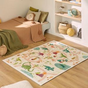 Nazar Tapis enfant lavable en machine à motif dinosaure - Beige - 80x150