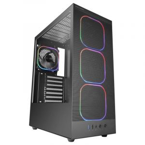 Mars Gaming Boîtier gaming ATX Mc-Nebula avec 4 ventilateurs ARGB, passe-câbles 120 mm et verre trempé noir.