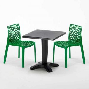 Grand Soleil Table et 2 chaises color&eacute;es polypropylene ext&eacute;rieurs PATIO | Noir - Gruvyer Vert